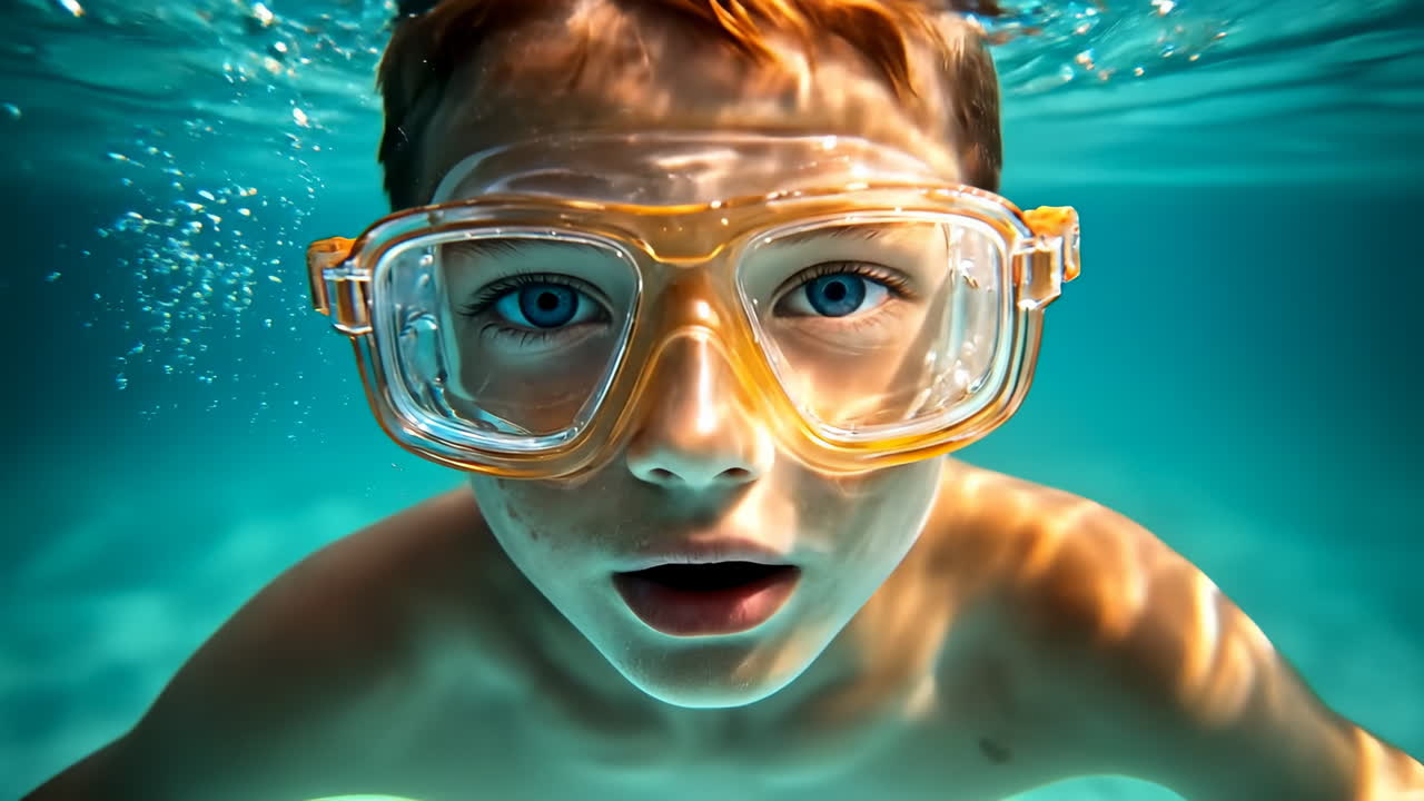 Boy dives into underwater world. A young boy wearing orange goggles curiously gazes underwater, surrounded by shimmering blue light and bubbles