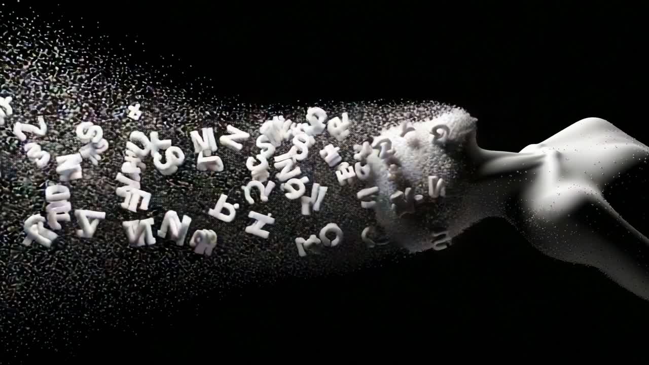 A captivating visualization of the power of language, where letters and numbers emerge and disintegrate from a stylized figure, emphasizing the connection between identity and communication