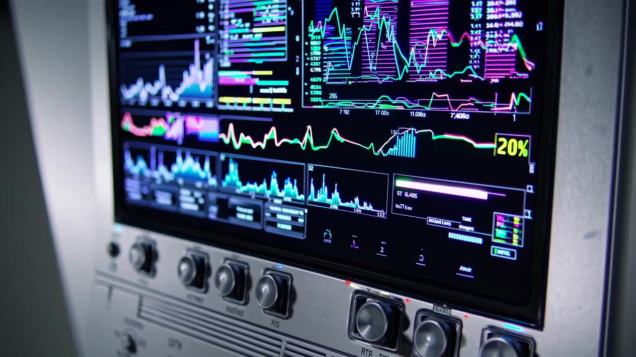 Close-up of Industrial Control Panel Displaying Real-time Data Graphs