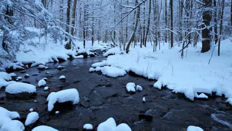 beautiful low drone footage of a snowy stream in a winter wonderland