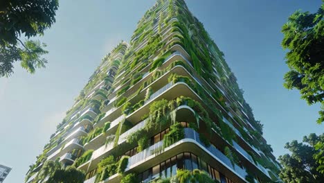 modern green skyscraper with lush vertical gardens