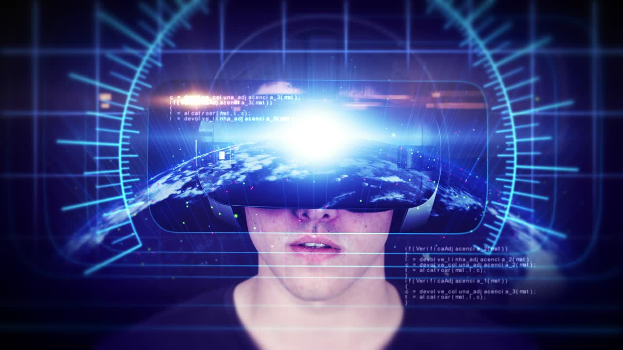 vr 헤드을 착용하고 가상 현실을 경험하는 잘생긴 젊은 남자.