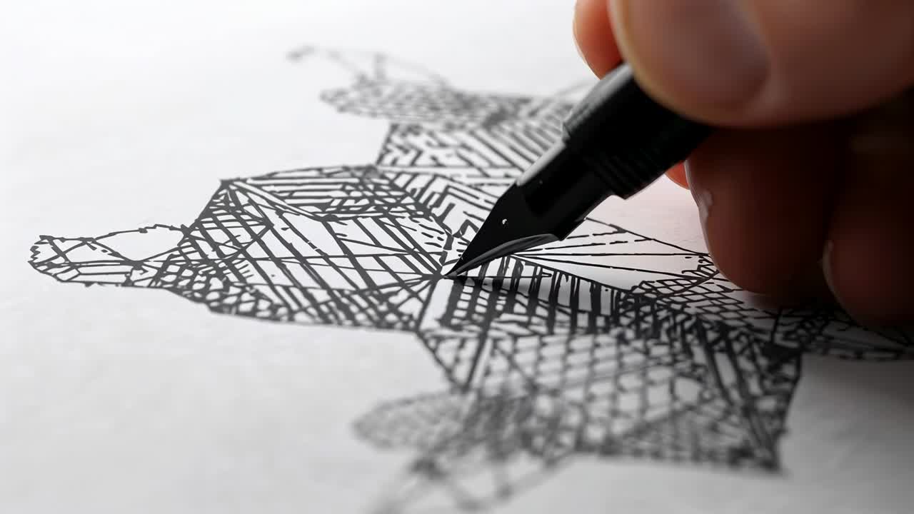 Plumilla tocando el papel, mano de artista guiando un plumín negro sobre papel blanco, creando un rayado geométrico