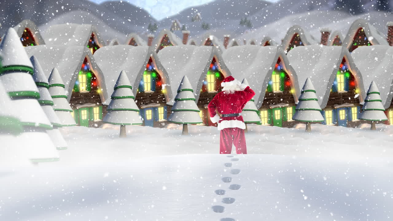 산타클로스의 뒷면과 겨울 풍경의 여러 집과 나무에 눈이 내리고 있습니다.
