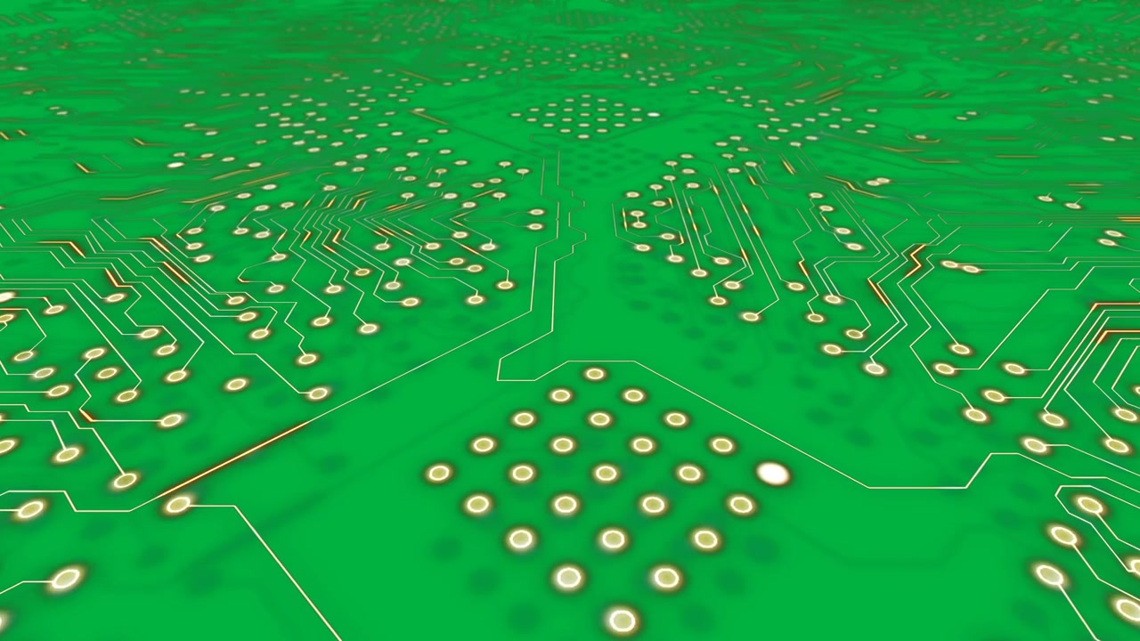 Animation of orange computer circuit network with light trails moving on transparent background
