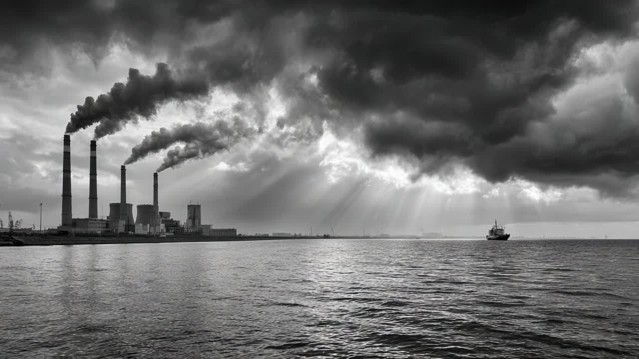 A Stunning Contrast of Industrial Pollution and Natural Beauty: The Impact of Smoke-Stack Emissions on Serene Waters Beneath a Dramatic Sky