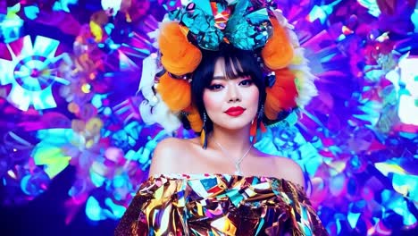 a beautiful woman with colorful hair and accessories poses in a studio