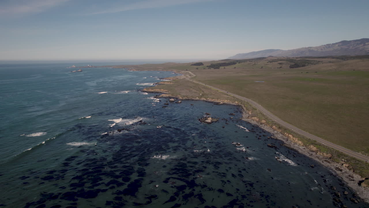 Panoramic Aerial View Of The Pacific Coast Highway Near Cambria and San Simeon In California, United States.
