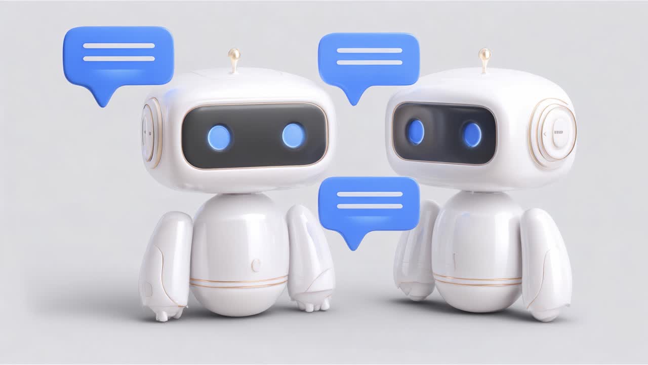 To engagerende kommunikationsrobotter i en venlig samtale med talebobler, der fremviser AI-interaktion og digital kommunikationsteknologi.
