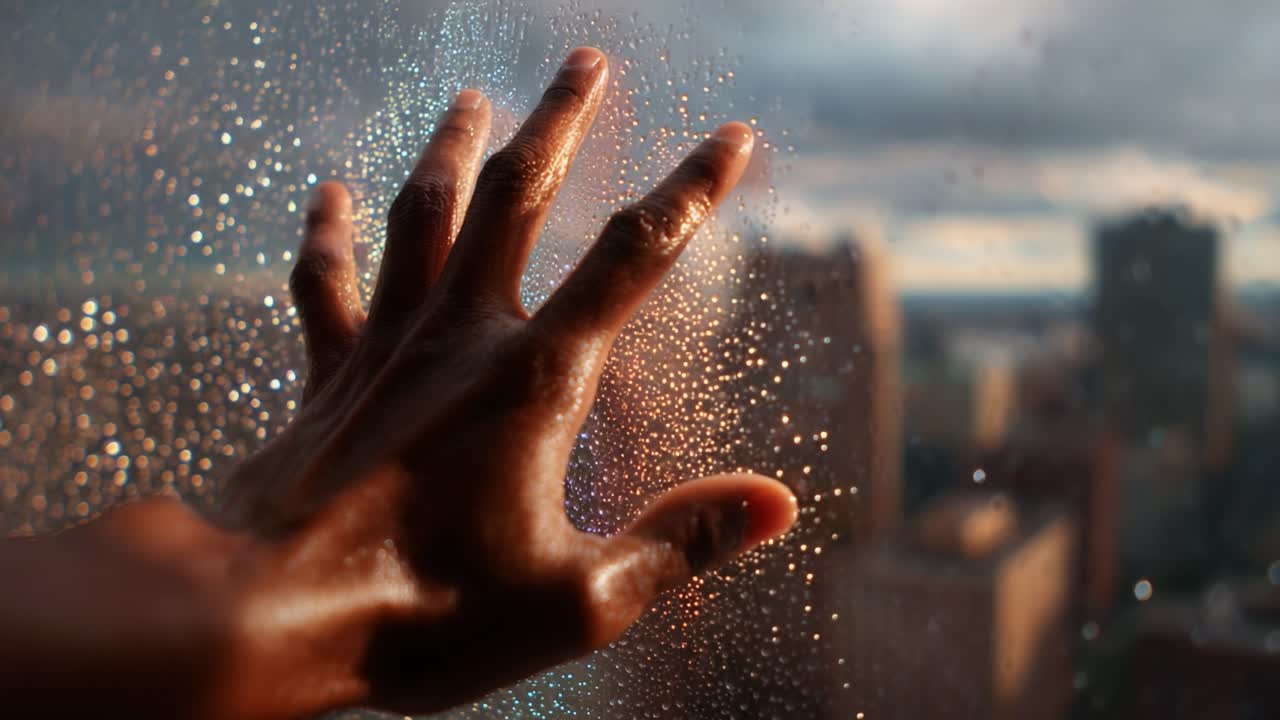 A contemplative moment captured as the hand presses against a rain-soaked window, evoking feelings of serenity, introspection, and connection to the world beyond the glass