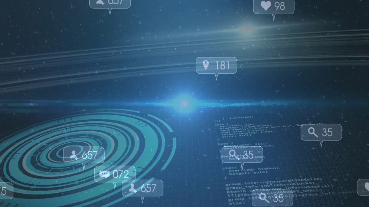 Glow pulsing initiating ring interface code streaming and social icons orbiting visualizing metrics