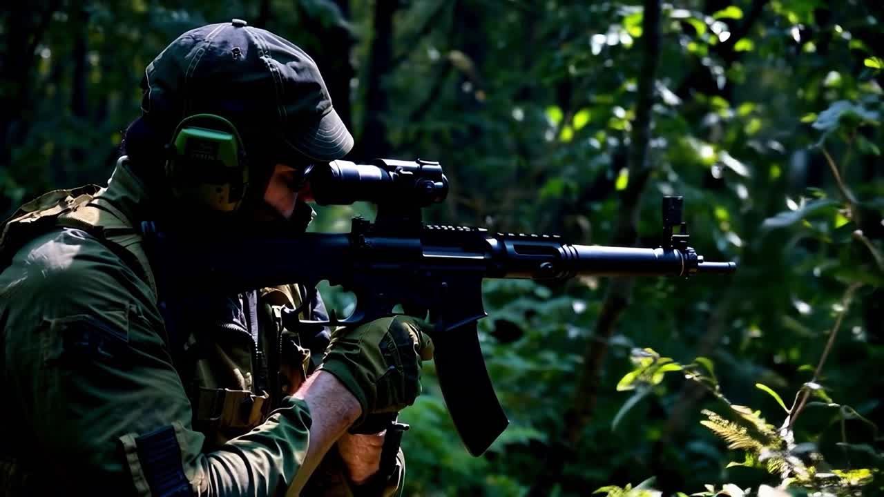 soldado con rifle en la jungla