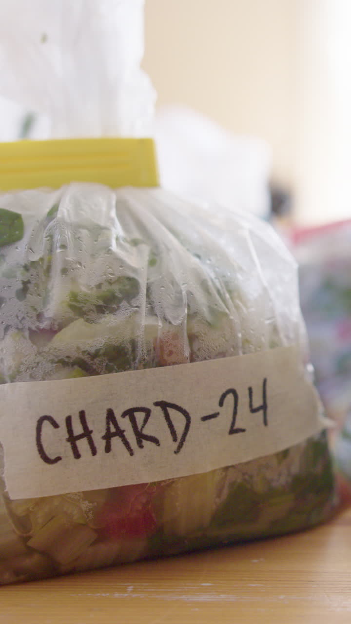 Harvested chard packaged in labeled plastic bags for freezing, slider. Vertical