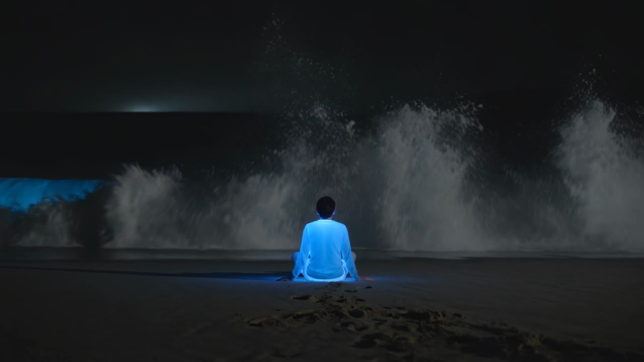 Sitting man in light top watching glowing wave breaking on night beach with footprints for glow
