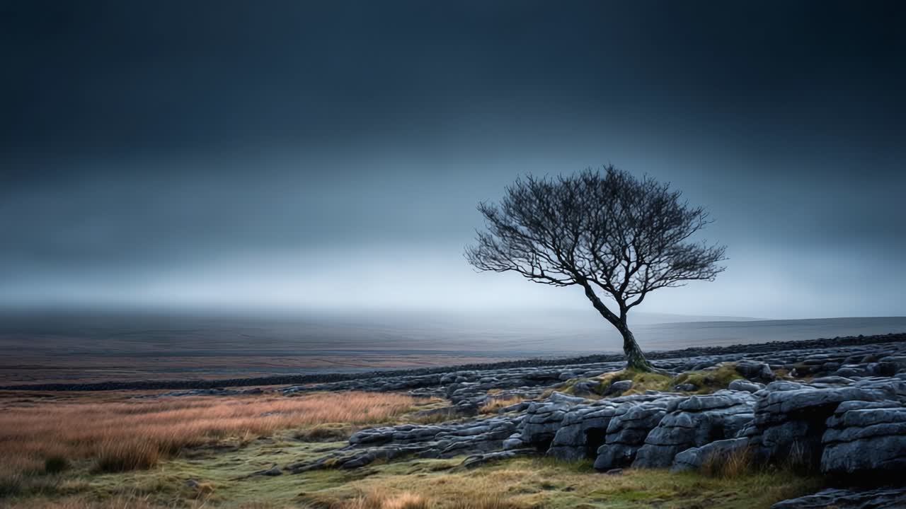 Solitary Tree Standing Resiliently Amidst Dramatic Landscapes with Dark Skies and Weathered Rocks, Capturing the Essence of Nature's Raw Beauty and Isolation