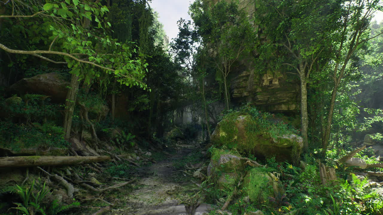 Lush forest path leading through ancient rock formations and greenery