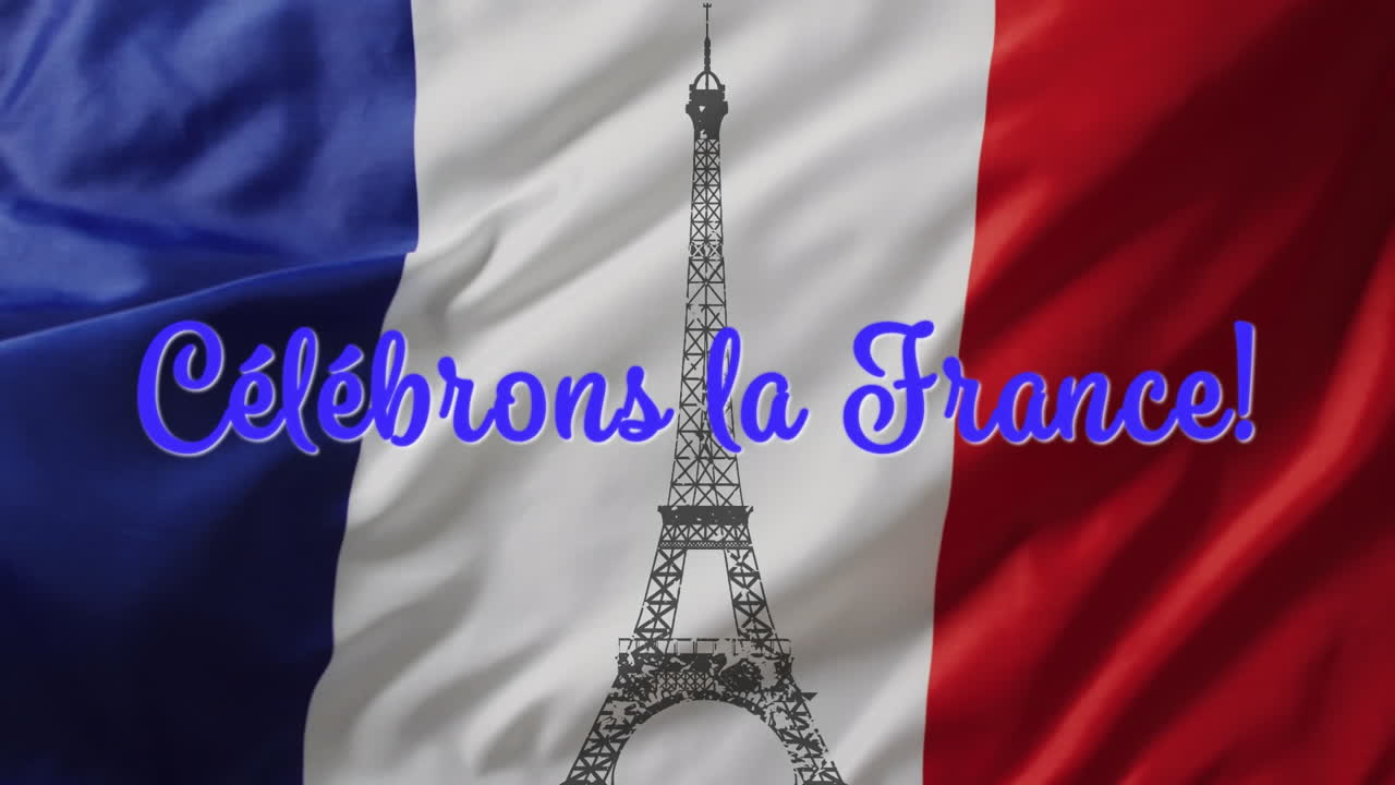 Animation of celebrons la france text and french flag and eiffel tower
