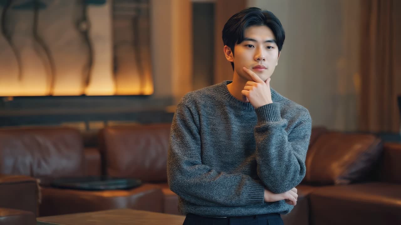 Pensive Asian Man in Sweater
