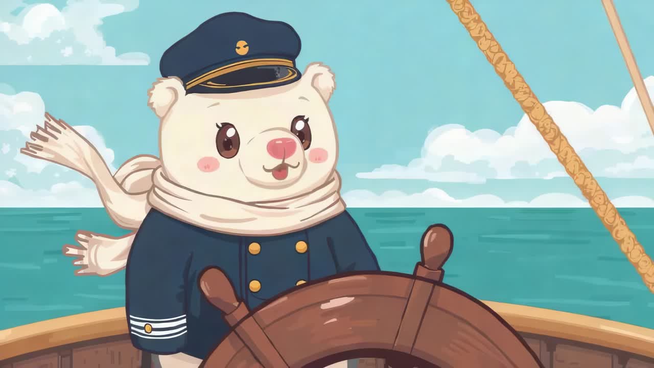 Breeze urging polar bear steering in navy coat hat scarf, gripping wheel, keeping course at sea