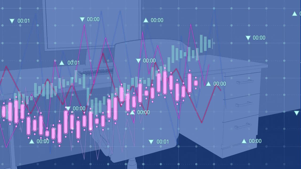 오피스 데스크의 3d 모델에 대한 그리드 네트워크를 통해 데이터 처리의 애니메이션