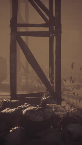 rusty metal and wooden beams in a foggy setting