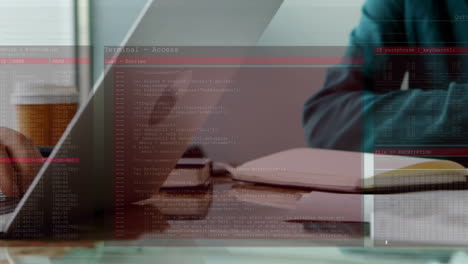 animación del procesamiento de datos sobre empresarios caucásicos que utilizan dispositivos electrónicos