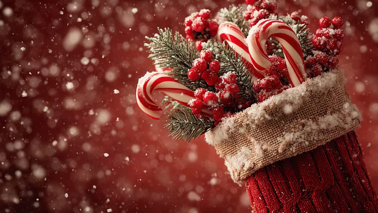 A Festive Holiday Stocking Overflowing with Candy Canes, Frosted Greenery, and Red Berries Beautifully Set Against a Softly Falling Snow Background
