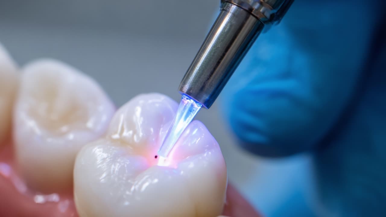 Tannbehandling: Bruk av avansert laserteknologi for å herde en komposittfylling på en tann for å sikre optimal restaurering og pasientkomfort i moderne tannbehandling