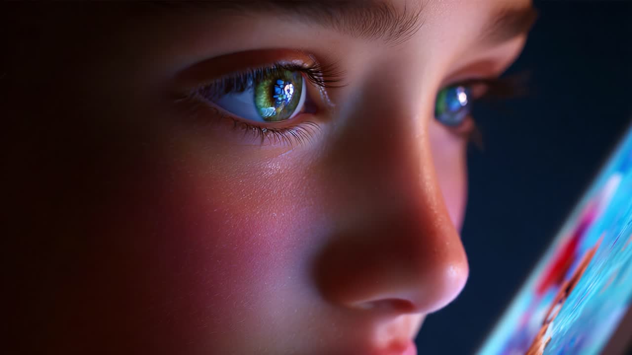 A Close-Up Look at a Young Face Captivated by a Screen, Highlighting Expressive Eyes and the Reflected World, Revealing the Depth of Curiosity and Engagement with Digital Technology