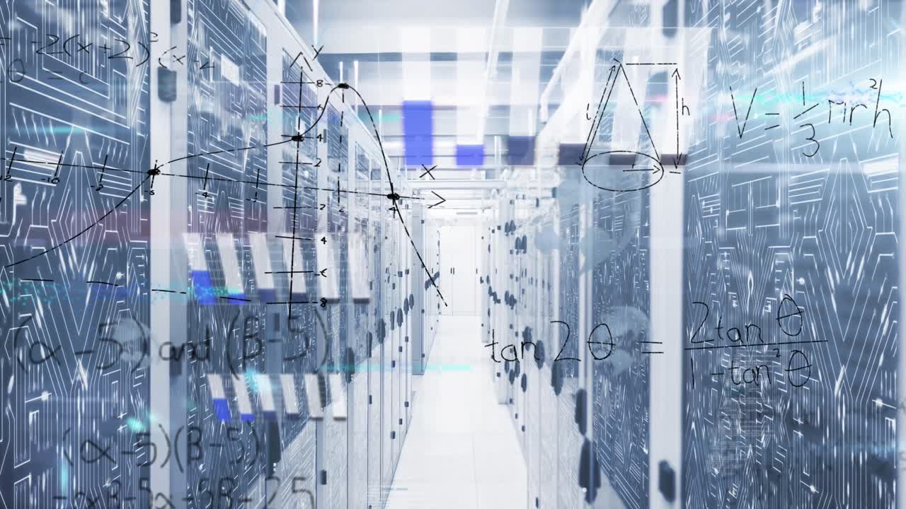 Animation of mathematical equations and data processing against computer server room