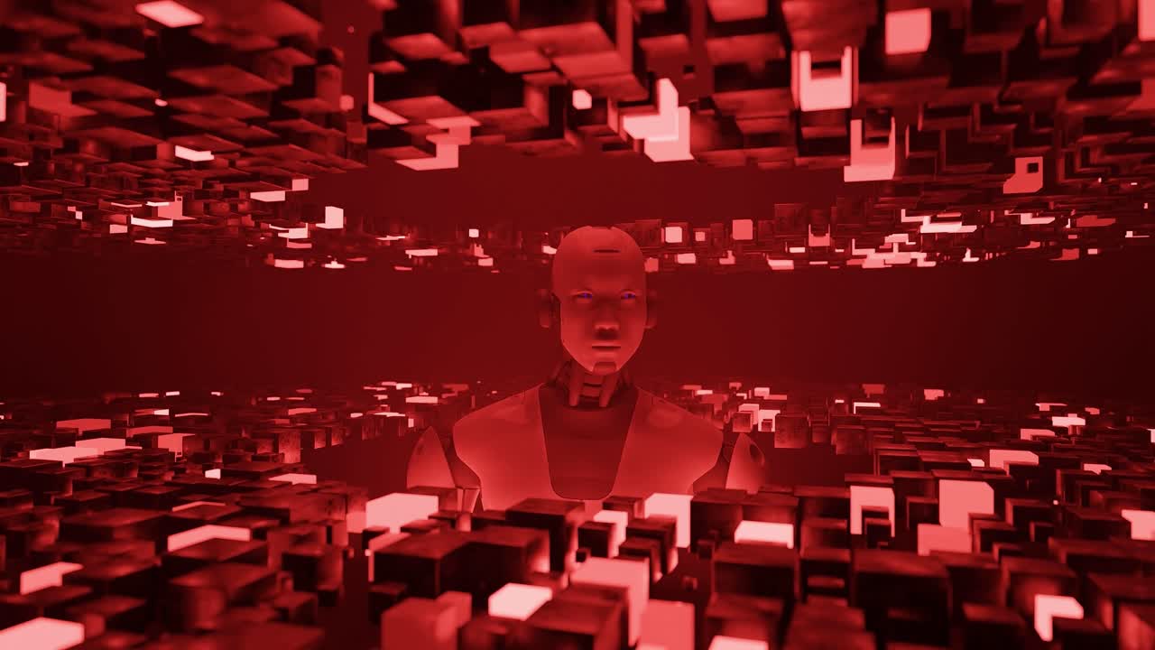 Humanoid robot standing inside a tunnel of glowing red cubic structures. Monochrome 3D digital illustration. Artificial intelligence and technology concept, banner, wallpapern, vertical