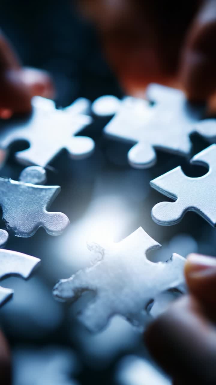 Collaborative Puzzle Solving: Two Hands Connecting Pieces in a Creative Teamwork Effort to Complete a Challenging Board Game Puzzle in a Dimly Lit Setting