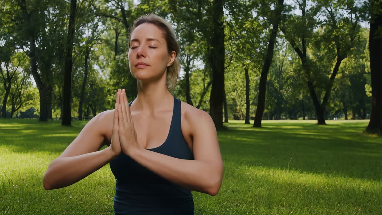 mujer meditando en un parque