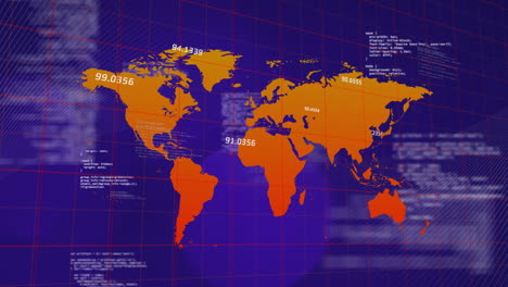 animación del procesamiento de datos sobre el mapa del mundo contra ondas digitales y puntos de luz