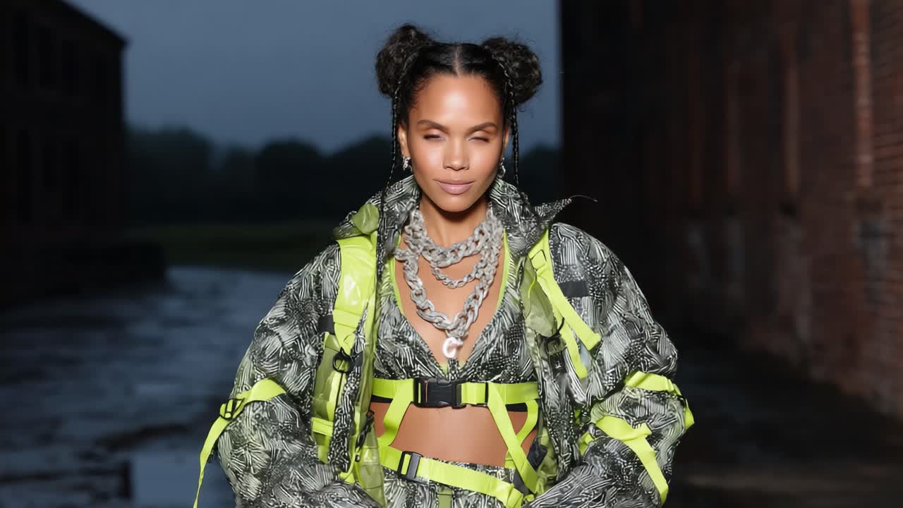 Striking Fashion Statement: A Model Showcases a Bold Urban Outfit with Neon Accents and Distinctive Accessories, Captivating Attention on a Gloomy Day