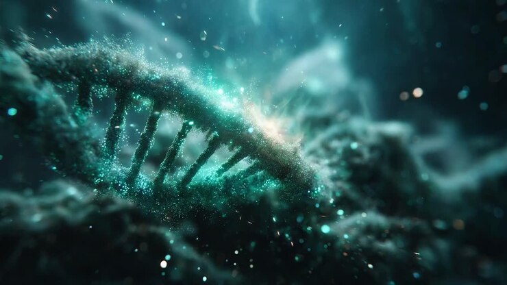 Eine künstlerische Darstellung der DNS-Struktur, die das komplizierte und wunderschöne Design des genetischen Materials in einer mystischen Umgebung hervorhebt