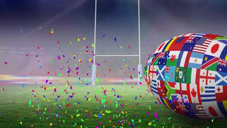 animation of rugby ball with national flags over stadium