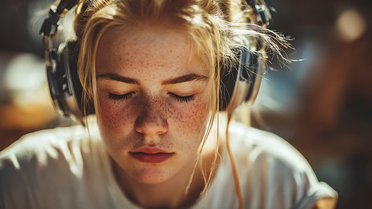 Una giovane ragazza immersa nella musica con le cuffie, gli occhi chiusi in profonda concentrazione, che cattura un momento di pace e concentrazione in un ambiente frenetico
