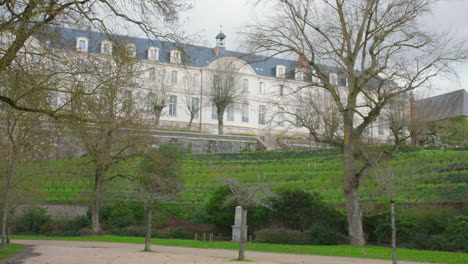 una vista de la arquitectura de abadía de san nicolás con viñedos en ira, francia