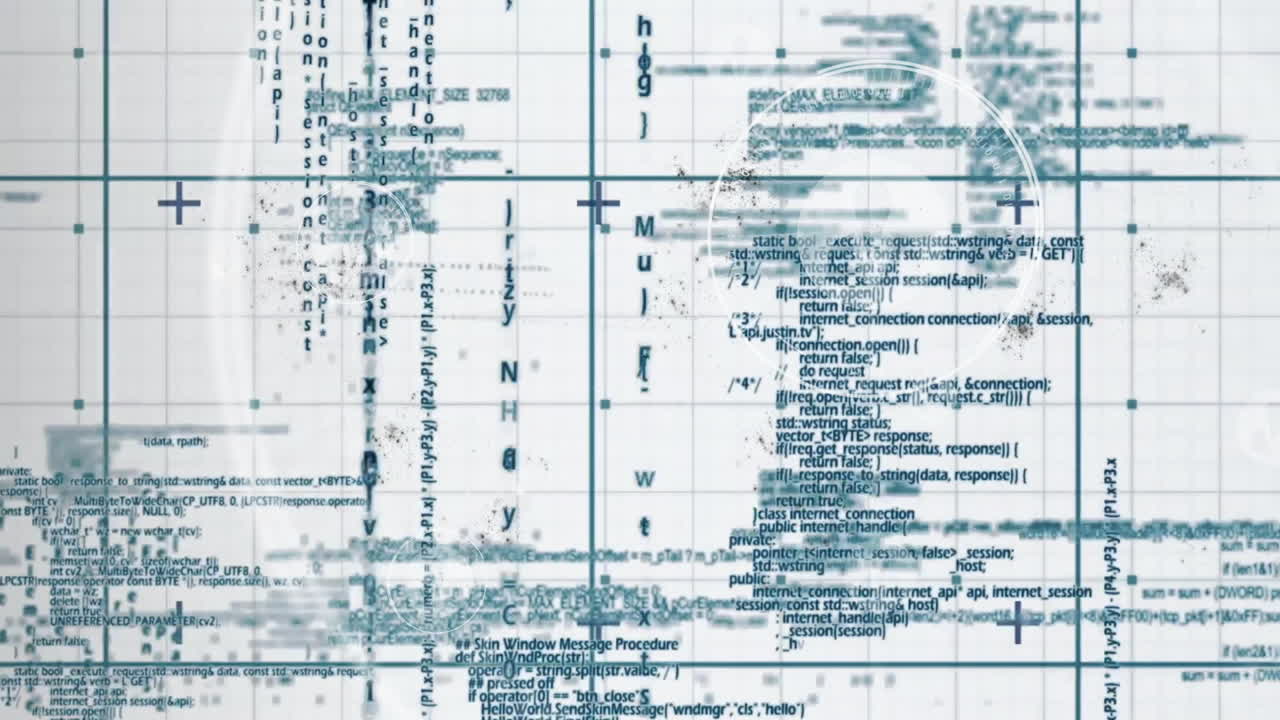 Abstract digital interface displaying blue grid overlaying blurred code blocks and circular overlay