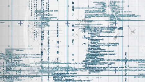 abstract digital interface displaying blue grid overlaying blurred code blocks and circular overlay