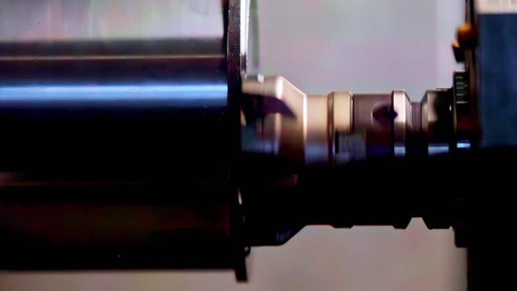 Macro astratta di una macchina CNC rotante che taglia un foro circolare preciso nel metallo