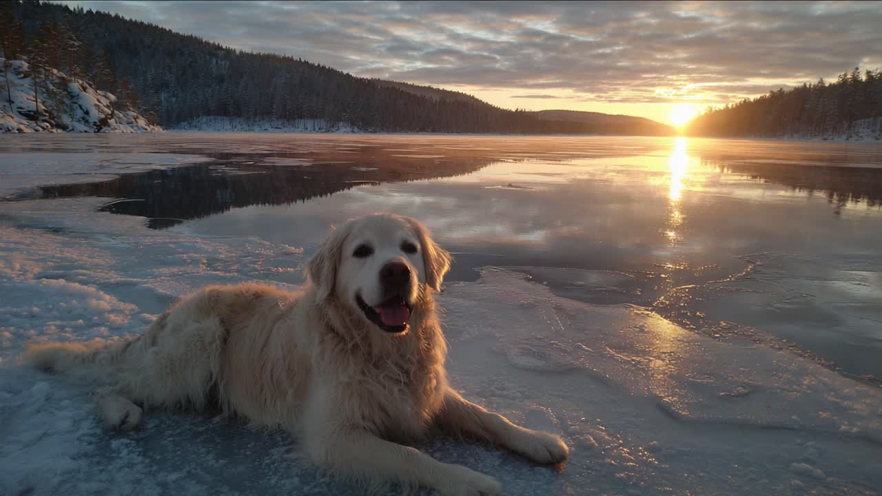 Donmuş bir gölün kenarında huzurlu bir gün doğumunun keyfini çıkaran bir Golden Retriever, kış manzarasında doğanın güzelliğini ve dinginliğini yakalıyor