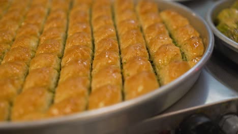 amazing view of delicious turkish baklava in gaziantep. 4k footage in turkey