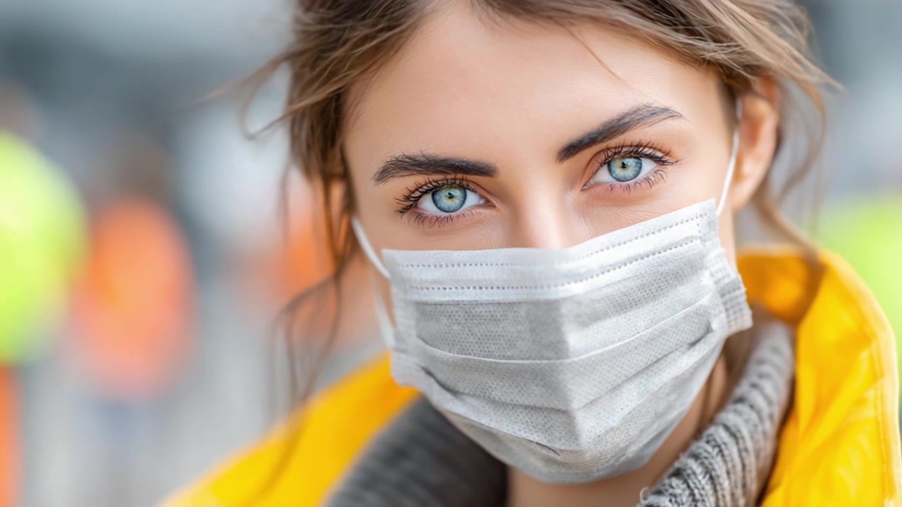 Uma jovem de olhos azuis marcantes e máscara facial cinza se destaca em um plano de fundo borrado, ressaltando as precauções de saúde nos tempos modernos