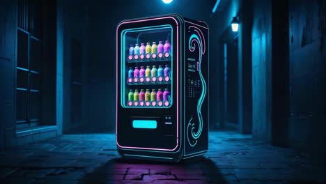neon cyberpunk vending machine in a dark alley