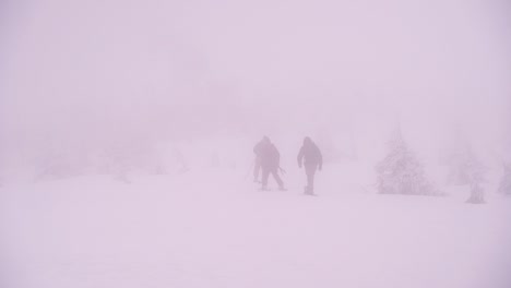 three hikers walking through snowed in blizzard landscape