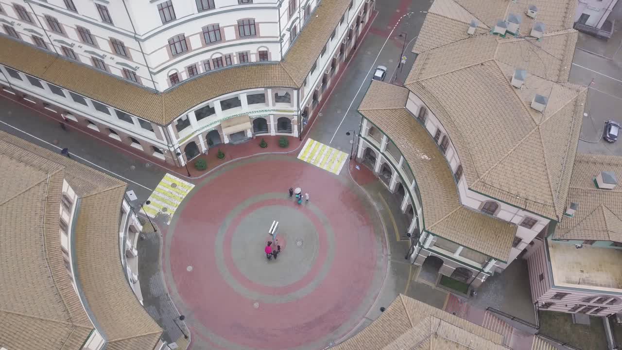 Aerial View of a City Square on a Rainy Day