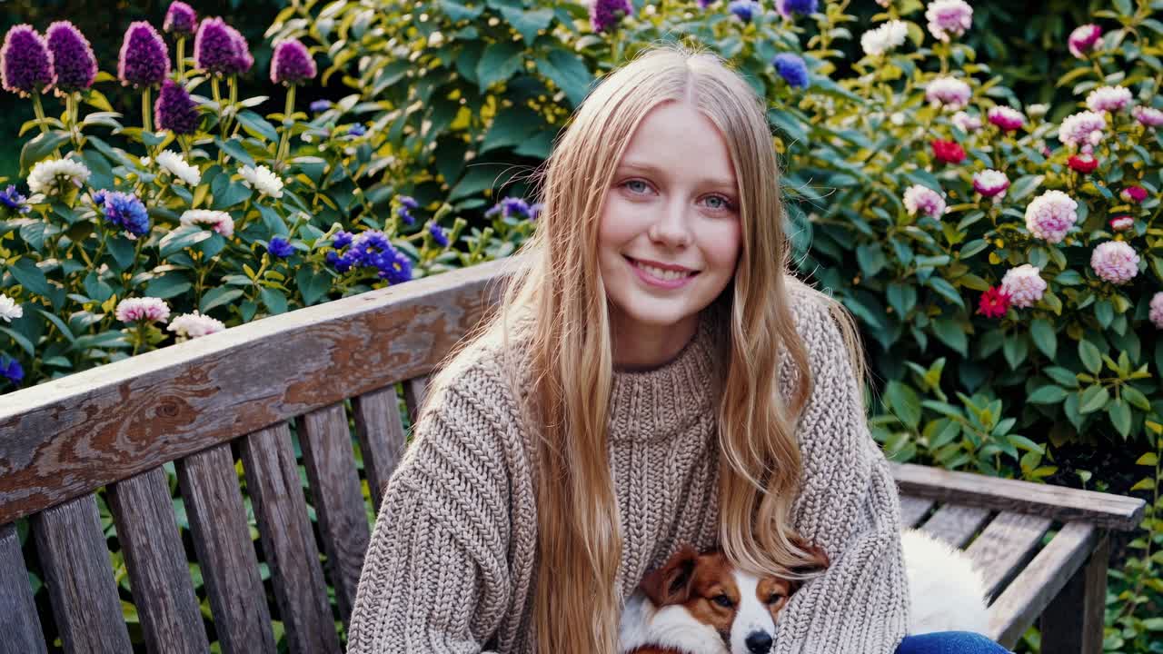 Blonde teenage girl sitting on wooden bench amid vibrant garden, warmly hugging small puppy while sharing loving smile with camera