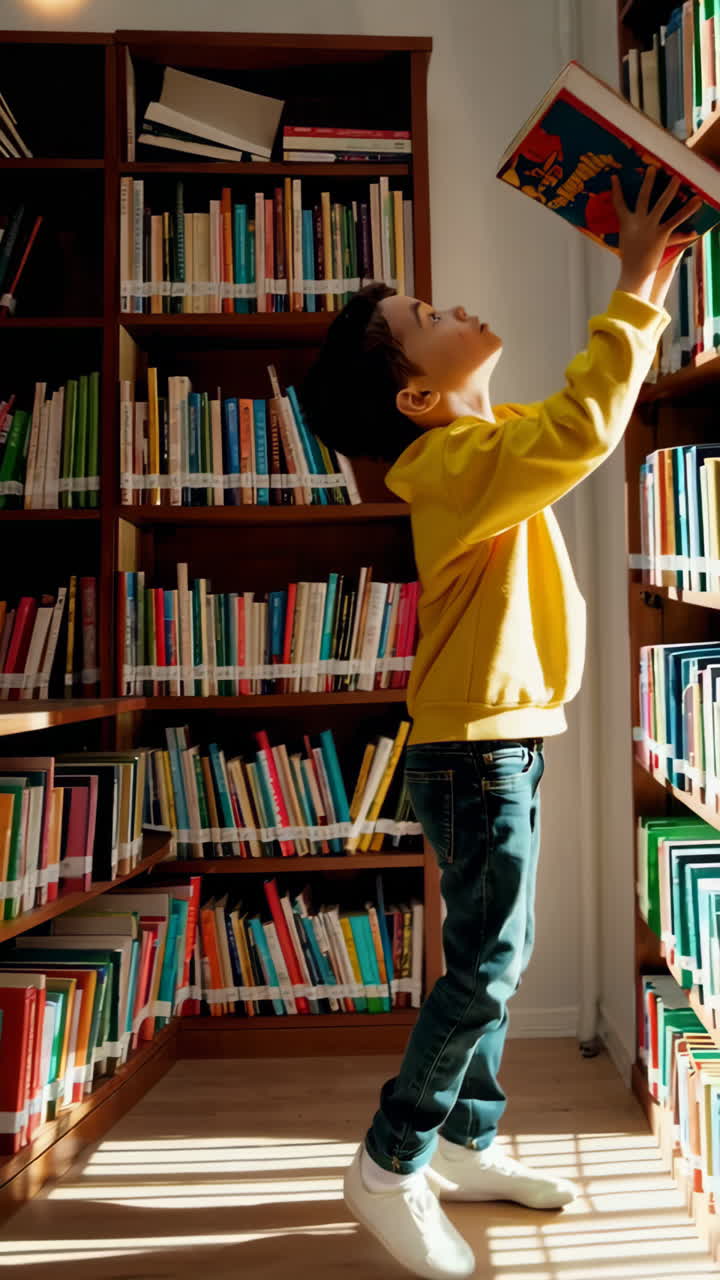 A young boy reaches for a book in a sunlit library.